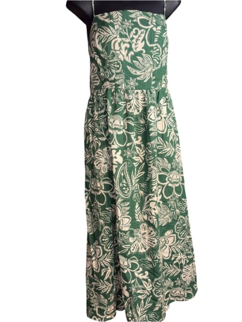 linen-blend floral midi dress square neckline adjustable straps flared skirt